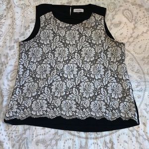 Calvin Klein Sleeveless Lace Blouse Top Black White Sz XL